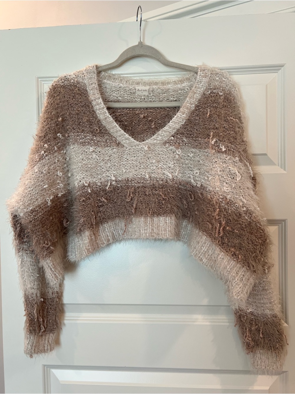 Altar’d State Eyelash Stripe Cropped Sweater Medium Cozy Boho Soft Knit Pullover - Picture 2 of 11